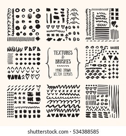 Hand drawn textures and brushes. Artistic collection of design elements: grunge lines, brush strokes, wavy lines, tribal backgrounds, geometric pattern made with ink. Isolated vector set.