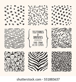 Hand drawn textures and brushes. Artistic collection of design elements: strawberry, animal skin, fur, brush stroke, paint dab, wavy lines, stars, geometric pattern made with ink. Isolated vector set.