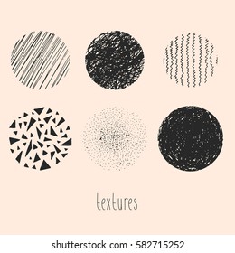 Hand drawn textures and brushes. Artistic collection of design elements: brush strokes, paint dabs, wavy lines, abstract backgrounds, hatch patterns made with ink. Isolated vector.