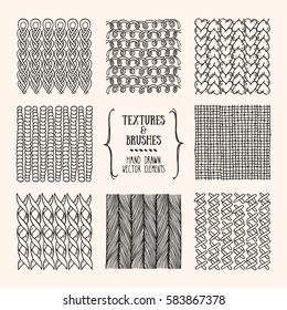 Hand drawn textures and brushes. Artistic collection of design elements: needlework, yarn loops, knitted fabric, rough cloth, simple textile, handicraft patterns made with ink. Isolated vector set.