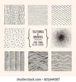 Hand drawn textures and brushes. Artistic collection of vector design elements: tiles, dots, bubbles, brush strokes, paint dabs, wavy lines, abstract backgrounds, stippling patterns made with ink.