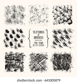Hand drawn textures & brushes. Artistic collection of handcrafted design elements: paint dabs, brush strokes, ink splashes, grunge backgrounds, abstract patterns, ink smears. Isolated vector set.