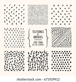 Texturas e pincéis desenhados à mão. Coleção artística de elementos de design artesanais: padrões gráficos ásperos, ornamentos florais, linhas abstratas, símbolos tribais feitos com tinta. Conjunto vetorial isolado.