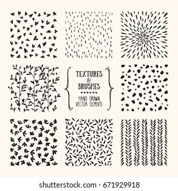 Hand drawn textures and brushes. Artistic collection of handcrafted design elements: natural graphic patterns, floral ornaments, abstract lines, tribal symbols made with ink. Isolated vector set.