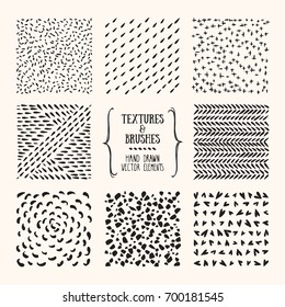 Hand drawn textures and brushes. Artistic collection of handcrafted design elements: rough graphic patterns, floral ornaments, abstract lines, tribal symbols made with ink. Isolated vector set.