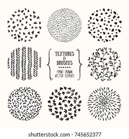 Hand drawn textures and brushes. Artistic collection: natural graphic design, organic patterns, floral ornament, abstract line stippling, tribal print, paint dab made with ink. Isolated vector set.