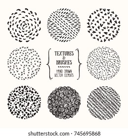 Hand drawn textures and brushes. Artistic collection of handcrafted design elements: rough graphic patterns, floral ornaments, abstract lines, tribal symbols made with ink. Isolated vector set.