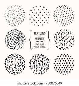 Hand drawn textures and brushes. Artistic collection of handcrafted design elements: squiggles, organic patterns, floral ornaments, abstract lines, stippling made with ink. Isolated vector set.