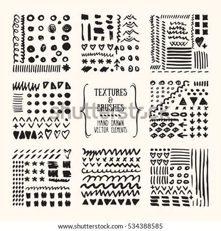Hand drawn textures and brushes. Artistic collection of design elements: grunge lines, brush strokes, wavy lines, tribal backgrounds, geometric pattern made with ink. Isolated vector set.