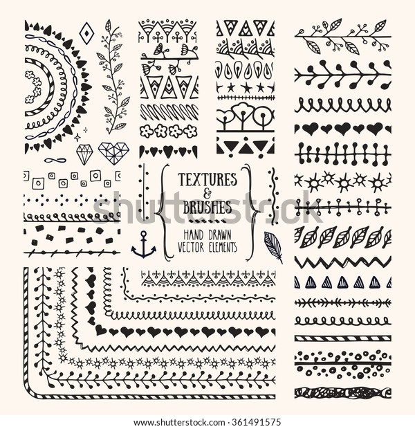 Hand drawn textures and brushes. Artistic\
collections of design elements: flowers, brunches, plants,\
geometric shapes, ethnic patterns made with ink. Pattern brushes\
are included in EPS.