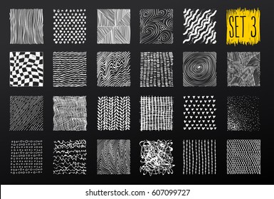 Hand drawn textures and brushes. Big artistic collection of design elements graphic patterns, geometric ornaments, abstract lines, tribal symbols made with ink. Vector. Isolated on black background.