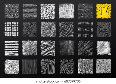 Hand drawn textures and brushes. Big artistic collection of design elements graphic patterns, geometric ornaments, abstract lines, tribal symbols made with ink. Vector. Isolated on black background.