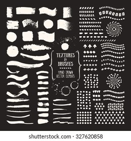 Hand drawn textures and brushes. Collections of design elements: brush strokes, patterns, splatters made with ink. Pattern brushes are included in EPS. Isolated vector illustration.