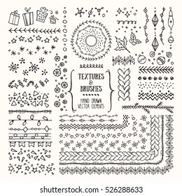 Hand drawn textures and brushes. Creative collection of vector design elements: winter holiday symbols, geometric tribal textures, cute patterns made with ink. Pattern brushes are included in EPS file