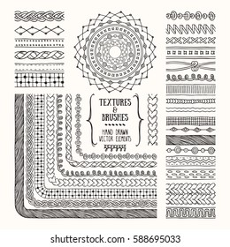 Hand drawn textures and brushes. Creative collection of design elements: needlework, knitted fabric, rough cloth, textile, handicraft patterns, geometric textures. Pattern brushes are included in EPS.