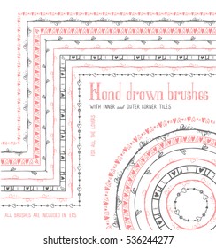 Hand drawn textures and brushes with inner and outer corner tiles. Artistic collections of design elements for Valentine Day. Pattern brushes are included in EPS
