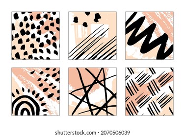 Texturas dibujadas a mano y pinceles. Establece un fondo moderno de trazos abstractos. Bandera de escuadrón vectorial