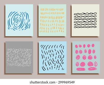  Hand Drawn Textures Cards Set, vector illustration.