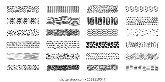 Hand drawn textures collection. abstract brushes, drawing textures from thin lines of different shapes. Set of doodle swirling and straight shapes. Vector illustration