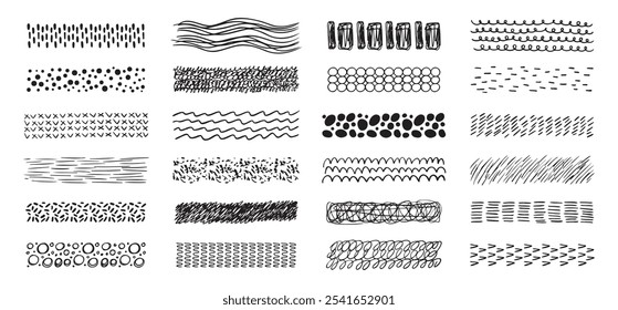 Coleção de texturas desenhadas à mão. pincéis abstratos, texturas de desenho de linhas finas de diferentes formas. Conjunto de rabiscos girando e formas retas. Ilustração vetorial