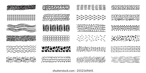 Hand drawn textures collection. abstract brushes, drawing textures from thin lines of different shapes. Set of doodle swirling and straight shapes. Vector illustration