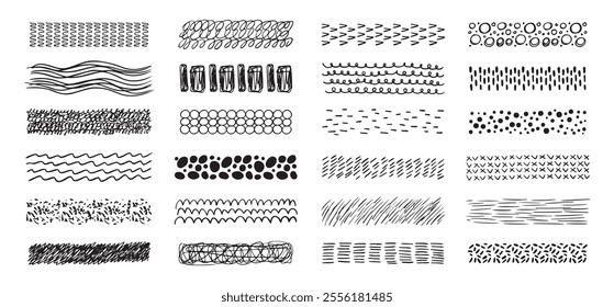 Hand drawn textures collection. abstract brushes, drawing textures from thin lines of different shapes. Set of doodle swirling and straight shapes. Vector illustration