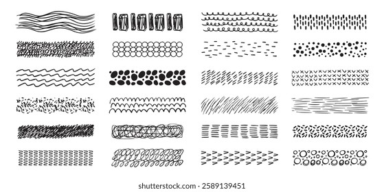 Hand drawn textures collection. abstract brushes, drawing textures from thin lines of different shapes. Set of doodle swirling and straight shapes. Vector illustration