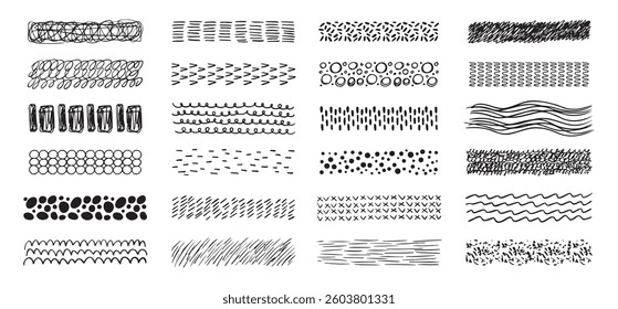 Hand drawn textures collection. abstract brushes, drawing textures from thin lines of different shapes. Set of doodle swirling and straight shapes. Vector illustration