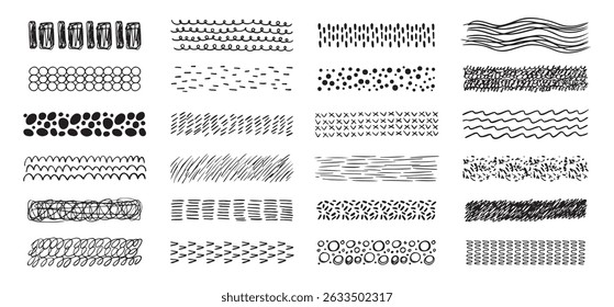 Colección de texturas dibujadas a mano. pinceles abstractos, dibujando texturas a partir de líneas delgadas de diferentes Formas. Conjunto de garabatos remolinos y Formas rectas. Ilustración vectorial