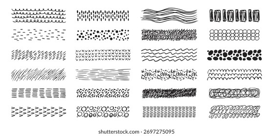 Colección de texturas dibujadas a mano. pinceles abstractos, dibujando texturas a partir de líneas delgadas de diferentes Formas. Conjunto de garabatos remolinos y Formas rectas. Ilustración vectorial