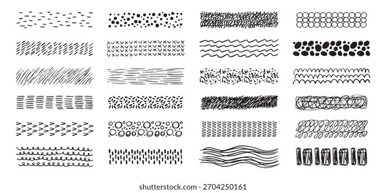 Handgezeichnete Texturen Sammlung. abstrakte Pinsel, die Texturen aus dünnen Linien unterschiedlicher Formen zeichnen. Satz von Doodle wirbelnden und geraden Formen. Vektorgrafik