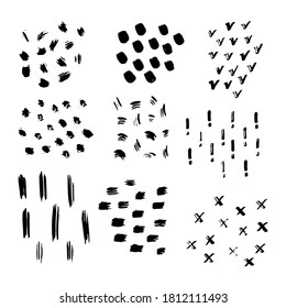 Hand drawn textures. Ink brush patterns with simple elements, striking spots, lines and crosses. Vector fabric, print template
