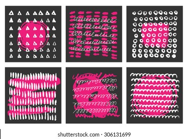Hand drawn textures with ink strokes and splashes. Modern abstract black and pink background.