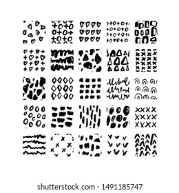 Hand drawn textures. Isolated vector illustration. Seamless pattern, trendy design elements. Set of  background texture drops, line, points, wave, freehand shape. Ornament in grunge style. 
