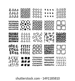 Hand drawn textures. Isolated vector illustration. Seamless pattern, trendy design elements. Set of  background texture drops, line, points, wave, freehand shape. Ornament in grunge style. 
