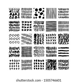 Hand drawn textures. Isolated vector illustration. Seamless pattern, trendy design elements. Set of  background texture drops, line, points, wave, freehand shape. Ornament in grunge style. 
