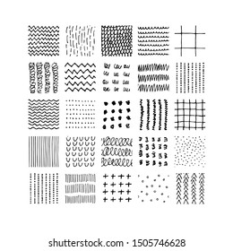 Hand drawn textures. Isolated vector illustration. Seamless pattern, trendy design elements. Set of  background texture drops, line, points, wave, freehand shape. Ornament in grunge style. 
