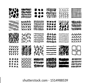 Hand drawn textures. Isolated vector illustration. Seamless pattern, trendy design elements. Set of  background texture drops, line, points, wave, freehand shape. Ornament in grunge style. 
