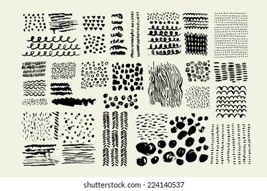  Hand Drawn textures made with ink. Vector. Isolated.