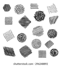 Hand Drawn Textures made with Ink. Set of Vector Grunge Brushes Patterns. Abstract Drawing Pen Strokes on Isolated background