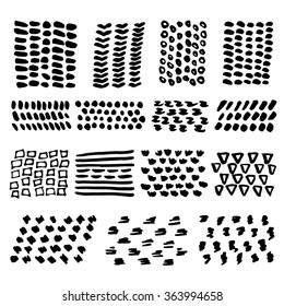 Hand Drawn textures made with ink isolated on white for cards , textiles, invitation, poster, cover. Scribble strips and spots, stain and blots for design. Vector illustration. 