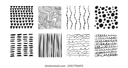Hand drawn textures set. Abstract vector backgrounds in black and white. Trendy monochrome brush marks.