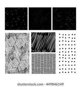 Hand drawn textures set, black and white seamless pattern pixel art style. Isolated vector monochrome illustration. Design for web and mobile app.