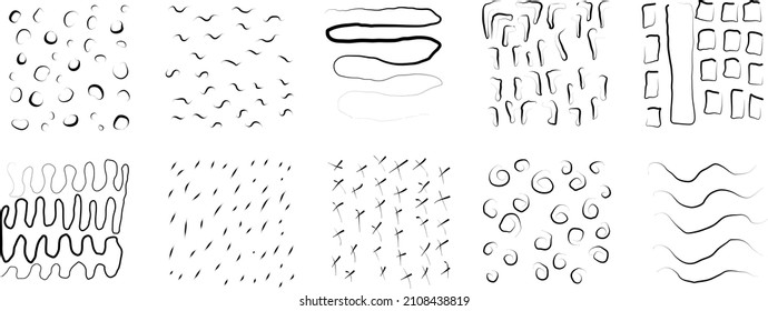 Hand drawn textures set collection. Geometric doodle pattern, background shapes.
