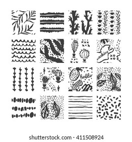 Hand drawn textures, template for celebration, invitation, greeting. Hatching drawn seamless, pattern, vector design elements. Set of  background texture, points, strokes, ornament in grunge style
