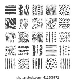 Handgezeichnete Texturen, Vorlage zum Feiern, Einladung, Gruß. Schraffiert gezeichnet nahtlos, Muster, Vektor Design-Elemente. Hintergrundtextur, Punkte, Striche, Ornament im Grunge-Stil

