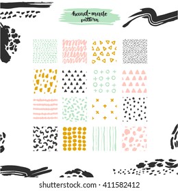 Hand drawn textures, template for celebration, invitation, greeting. Hatching drawn seamless, pattern, vector design elements. Set of  background texture, points, strokes, ornament in grunge style
