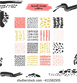 Hand drawn textures, template for celebration, invitation, greeting. Hatching drawn seamless, pattern, vector design elements. Set of  background texture, points, strokes, ornament in grunge style
