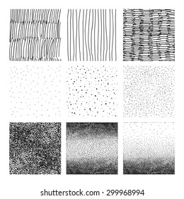 Hand drawn textures, template,. Hatching drawn seamless, pattern, vector design elements Vector set of  background texture, points, strokes, ornament in grunge style