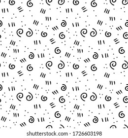 Hand drawn textures, template. seamless pattern with doodle elements on white background. black and white Vector texture, points, strokes, curves.
